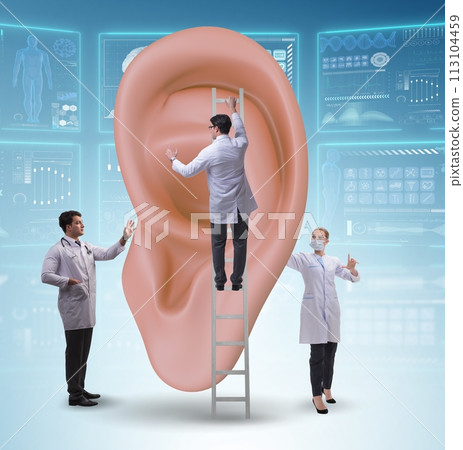 Doctor examining giant ear in medical concept Doctor examining giant ear in medical concept 113104459