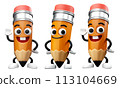 A set of 3D pencil character mascot with different poses. Smiling pencil cartoon waving hand illustration. Back to school concept 113104669