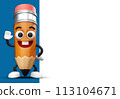 3D cartoon pencil character mascot hand waving beside the blank empty whiteboard illustration 113104671