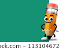 Back to school theme with 3D cartoon pencil character. Smiling pencil mascot stand beside with empty space blackboard illustration 113104672