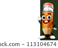 3D cartoon pencil character. Smiling pencil mascot hand pointing to empty space whiteboard illustration. Art and education theme 113104674