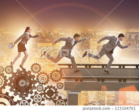 Business people crossing the bridge with cogwheels 113104701