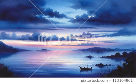 Quiet sea at dawn watercolor landscape painting 113104961