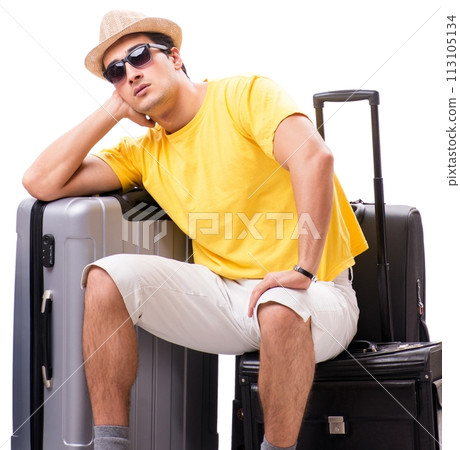 The happy young man going on summer vacation isolated on white The happy young man going on summer vacation isolated on white 113105134