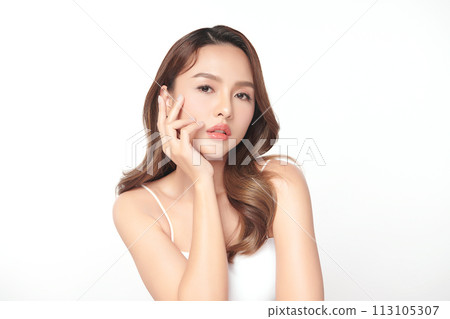 Beautiful young asian woman with clean fresh skin on white background, Face care, Facial treatment, Cosmetology, beauty and spa, Asian women portrait. 113105307