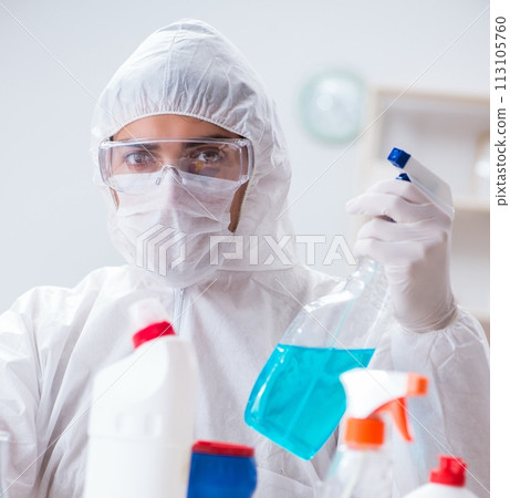 Chemist checking the quality of bathroom supplies 113105760