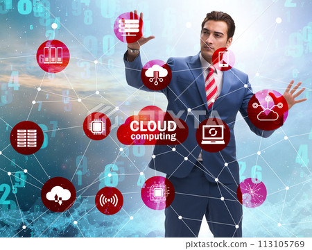 Cloud computing concept with woman pressing buttons Cloud computing concept with woman pressing buttons 113105769