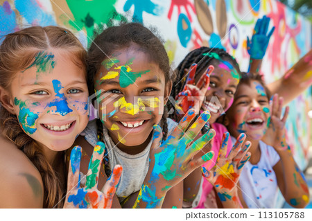 Children of diverse backgrounds painting a large mural together. Children of diverse backgrounds painting a large mural together. 113105788