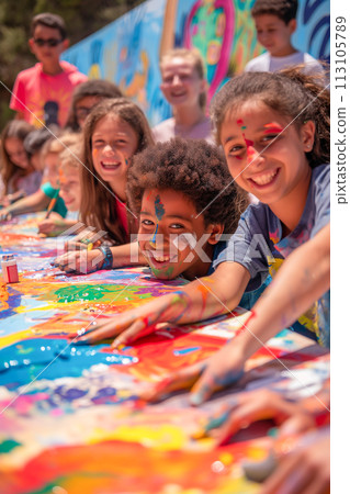 Children of diverse backgrounds painting a large mural together. Children of diverse backgrounds painting a large mural together. 113105789