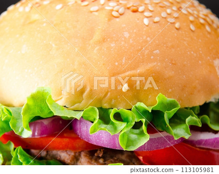 The burger served in bun in nutrition fast food concept 113105981