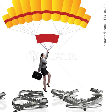 Businesswoman falling into trap on parachute Businesswoman falling into trap on parachute 113106008