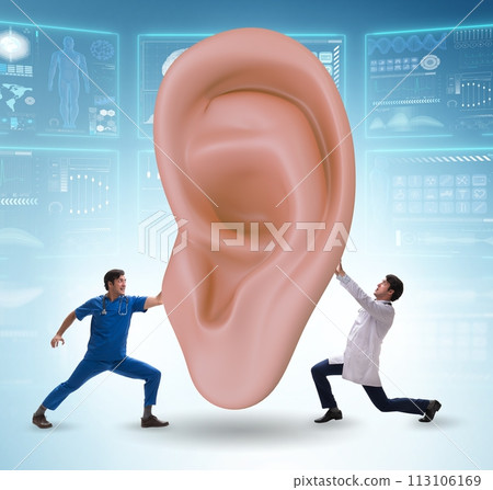 Doctor examining giant ear in medical concept Doctor examining giant ear in medical concept 113106169