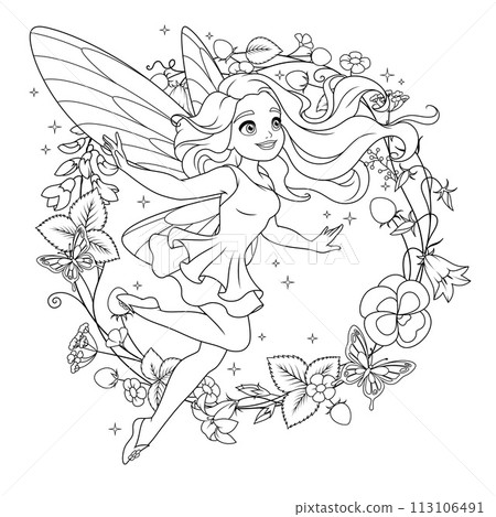 Beautiful flying fairy with wings surrounded with flowers. Vector coloring page. Beautiful flying fairy with wings surrounded with flowers. Vector coloring page. 113106491