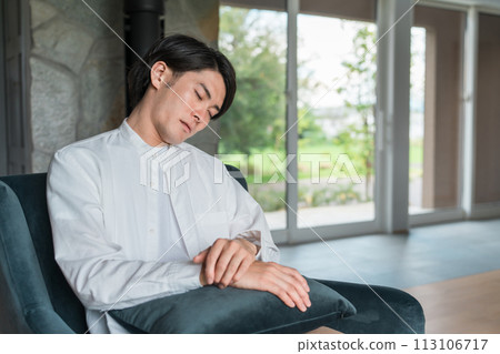 A young man taking a nap on the sofa (nap, sleep, siesta, power nap) 113106717