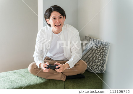 A man playing games at home on holidays (online games/players/video games) 113106735