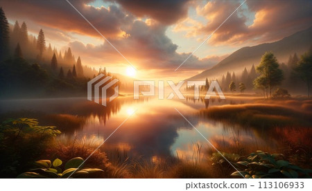 被柔和的晨光和晨霧包裹著的森林 113106933