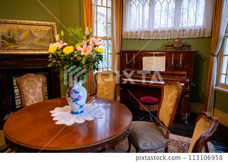 Kobe City, Hyogo Prefecture, Japan - January 8, 2024: Interior of a traditional light green house (Moehuang no Kan) in Kitano Ijinkan Street 113106958