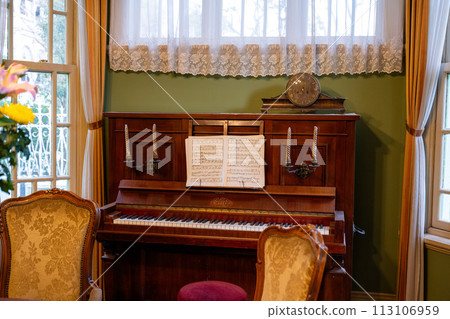 Kobe City, Hyogo Prefecture, Japan - January 8, 2024: Interior of a traditional light green house (Moehuang no Kan) in Kitano Ijinkan Street 113106959