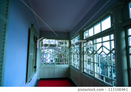 Kobe City, Hyogo Prefecture, Japan - January 8, 2024: Interior of a traditional light green house (Moehuang no Kan) in Kitano Ijinkan Street Kobe City, Hyogo Prefecture, Japan - January 8, 2024: Interior of a traditional light green house (Moehuang no Kan) in Kitano Ijinkan Street 113106961