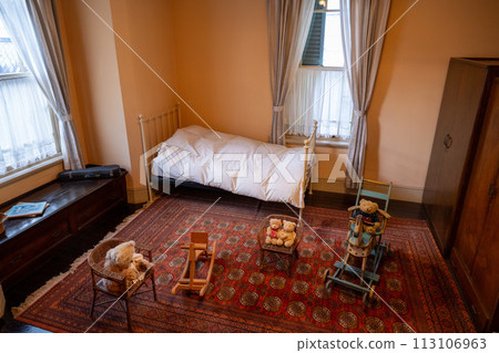 Kobe City, Hyogo Prefecture, Japan - January 8, 2024: Interior of a traditional light green house (Moehuang no Kan) in Kitano Ijinkan Street 113106963