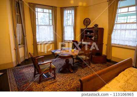 Kobe City, Hyogo Prefecture, Japan - January 8, 2024: Interior of a traditional light green house (Moehuang no Kan) in Kitano Ijinkan Street 113106965