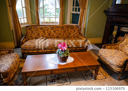 Kobe City, Hyogo Prefecture, Japan - January 8, 2024: Interior of a traditional light green house (Moehuang no Kan) in Kitano Ijinkan Street 113106970