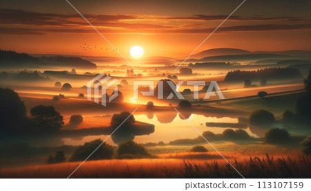 A gentle sunrise over the horizon and golden countryside A gentle sunrise over the horizon and golden countryside 113107159