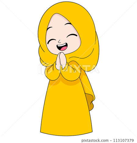 beautiful girl wearing a yellow hijab is welcoming guests who come beautiful girl wearing a yellow hijab is welcoming guests who come 113107379
