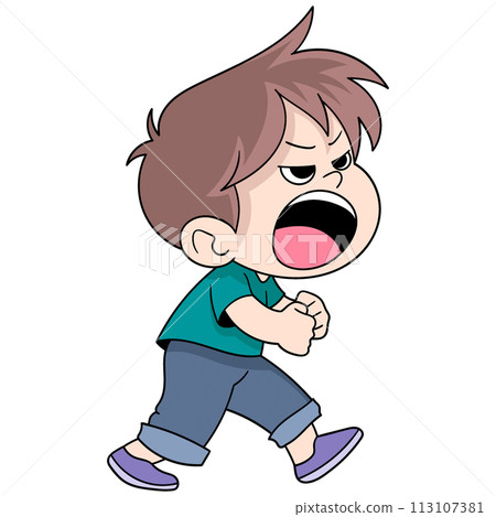 boy walking with an angry facial expression boy walking with an angry facial expression 113107381