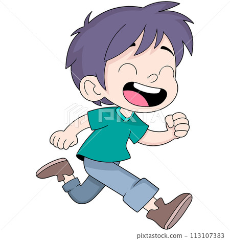 boy with a handsome face is running with a happy laughing facial expression 113107383