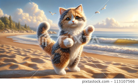 Cat playing on the sandy beach at sunset Cat playing on the sandy beach at sunset 113107566