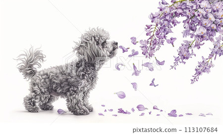 Toy poodle and falling wisteria flowers: pencil + watercolor 113107684
