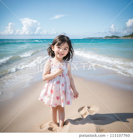 Child girl playing on the beach AI image AI photo AI generation AI gravure 113107760