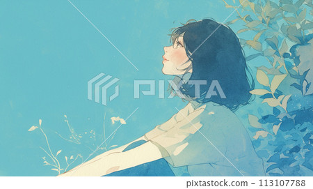 坐在公園裡仰望藍天的女人 113107788