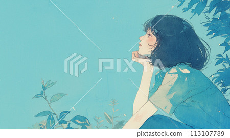 Woman sitting in the park looking up at the blue sky 113107789