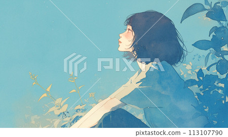 Woman sitting in the park looking up at the blue sky 113107790