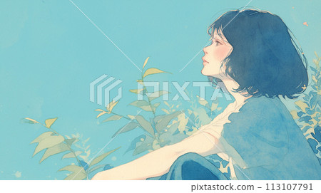 坐在公園裡仰望藍天的女人 113107791