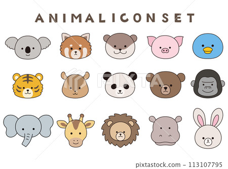 Vector illustration set of cute animal faces. Icon, zoo 113107795