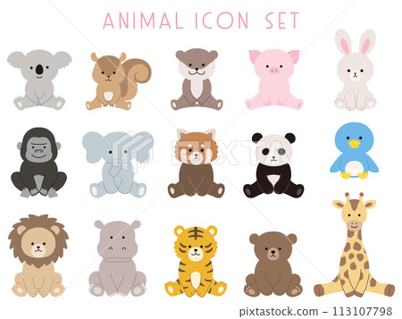 坐著的動物的向量插圖集。圖示, 動物園, 坐 113107798