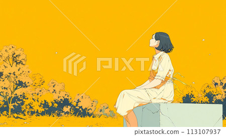 坐在公園裡仰望天空的女人 坐在公園裡仰望天空的女人 113107937