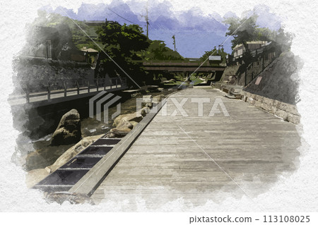 Watercolor style Tamatsukuri Onsen Tamayu River riverside footbath Matsue City, Shimane Prefecture Watercolor style Tamatsukuri Onsen Tamayu River riverside footbath Matsue City, Shimane Prefecture 113108025