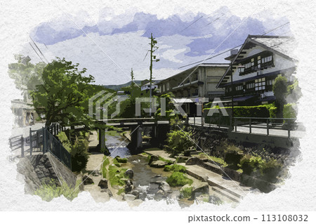 Watercolor painting style: Tamazukuri Onsen, Tamayu River, Matsue City, Shimane Prefecture 113108032