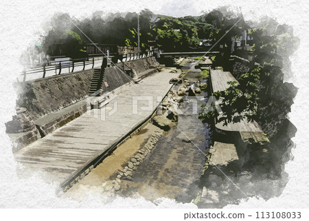 Watercolor painting style: Tamazukuri Onsen, Tamayu River, Matsue City, Shimane Prefecture 113108033