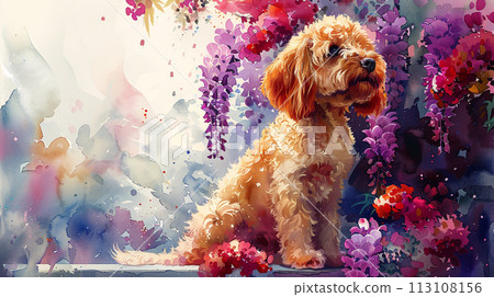 盛開的紫藤花與玩具貴賓犬：水彩畫 113108156