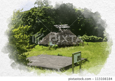 Watercolor style Tamatsukuri Onsen Izumo Tamasaku Historical Park Restored ancient Tamatsukuri workshop Matsue City, Shimane Prefecture 113108184