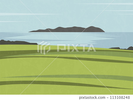 Spain rural landscape scene with green field. Skyline with clouds near sea. Spring season Galicia countryside scenery. 113108248