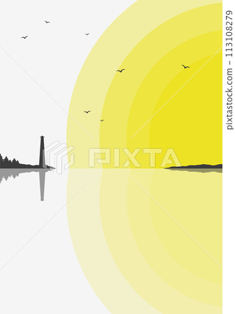 Nordic landscape with lighthouse near water illustration. View on lighthouse in the sunny ocean minimalist print. 113108279
