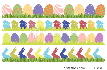 Easter border frames with rabbits and eggs. Banner set with decorated eggs and bunnies 113108300