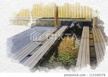 Watercolor style Tamatsukuri Onsen Himegami Square Footbath Matsue City, Shimane Prefecture Watercolor style Tamatsukuri Onsen Himegami Square Footbath Matsue City, Shimane Prefecture 113108378