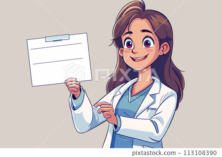 Smiling Female Doctor Holding Up a Blank Medical Report 113108390